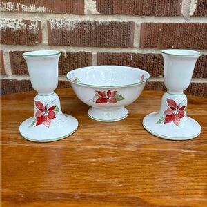 Block Bernarda Bundle Pointsettia Candle Stick holders Signed and trinket bowl